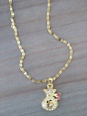 Money Bag with CZ Diamond Stones Pendant Necklace 18k Gold Plated Stainless Stee